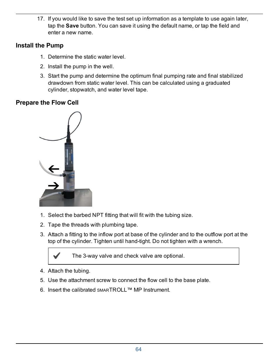 Install the pump, Prepare the flow cell | In-Situ smarTROLL Multiparameter Handheld Operators Manual User Manual | Page 64 / 71