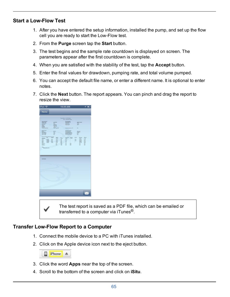 Start a low-flow test, Transfer low-flow report to a computer | In-Situ smarTROLL Multiparameter Handheld Operators Manual User Manual | Page 65 / 71