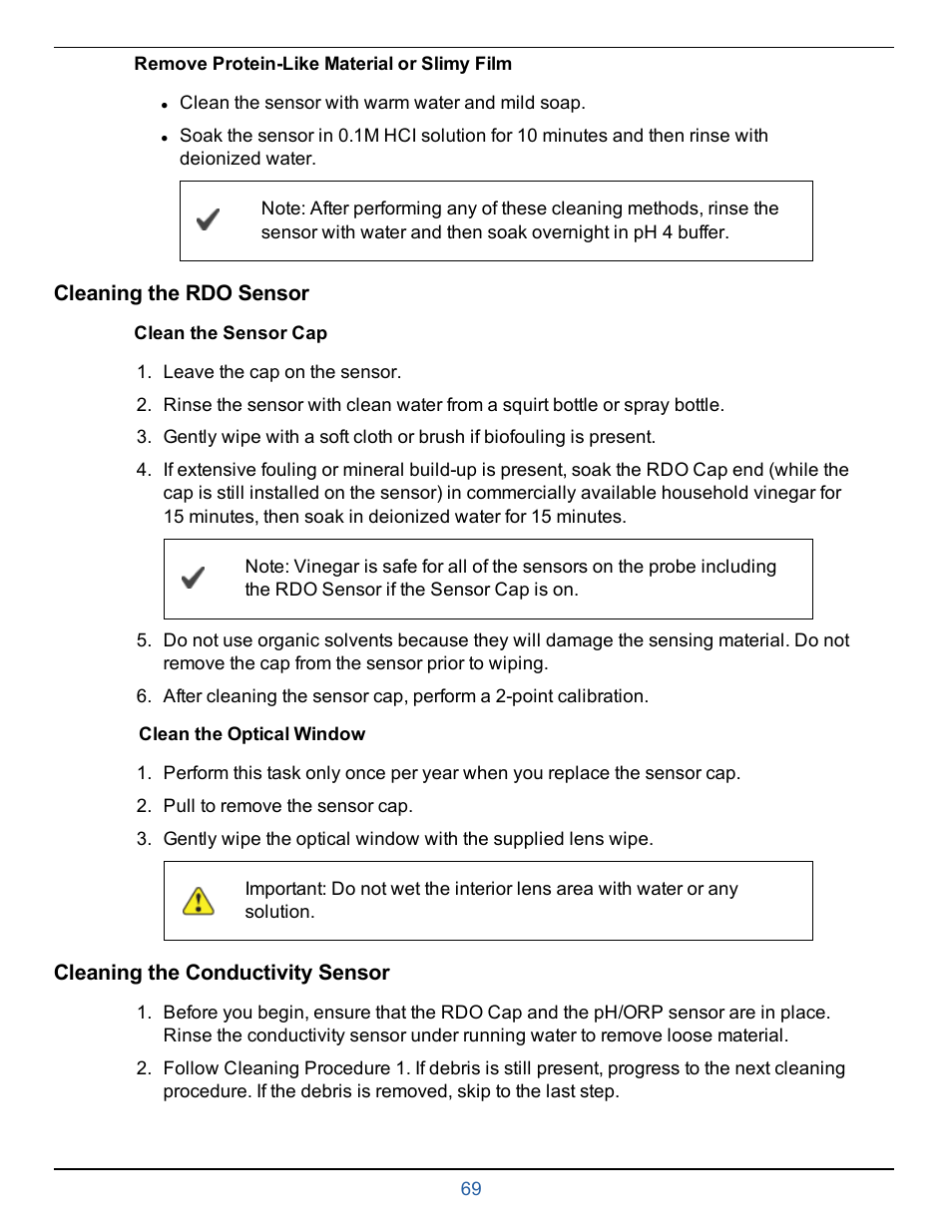 Remove protein-like material or slimy film, Cleaning the rdo sensor, Clean the sensor cap | Clean the optical window, Cleaning the conductivity sensor | In-Situ smarTROLL Multiparameter Handheld Operators Manual User Manual | Page 69 / 71