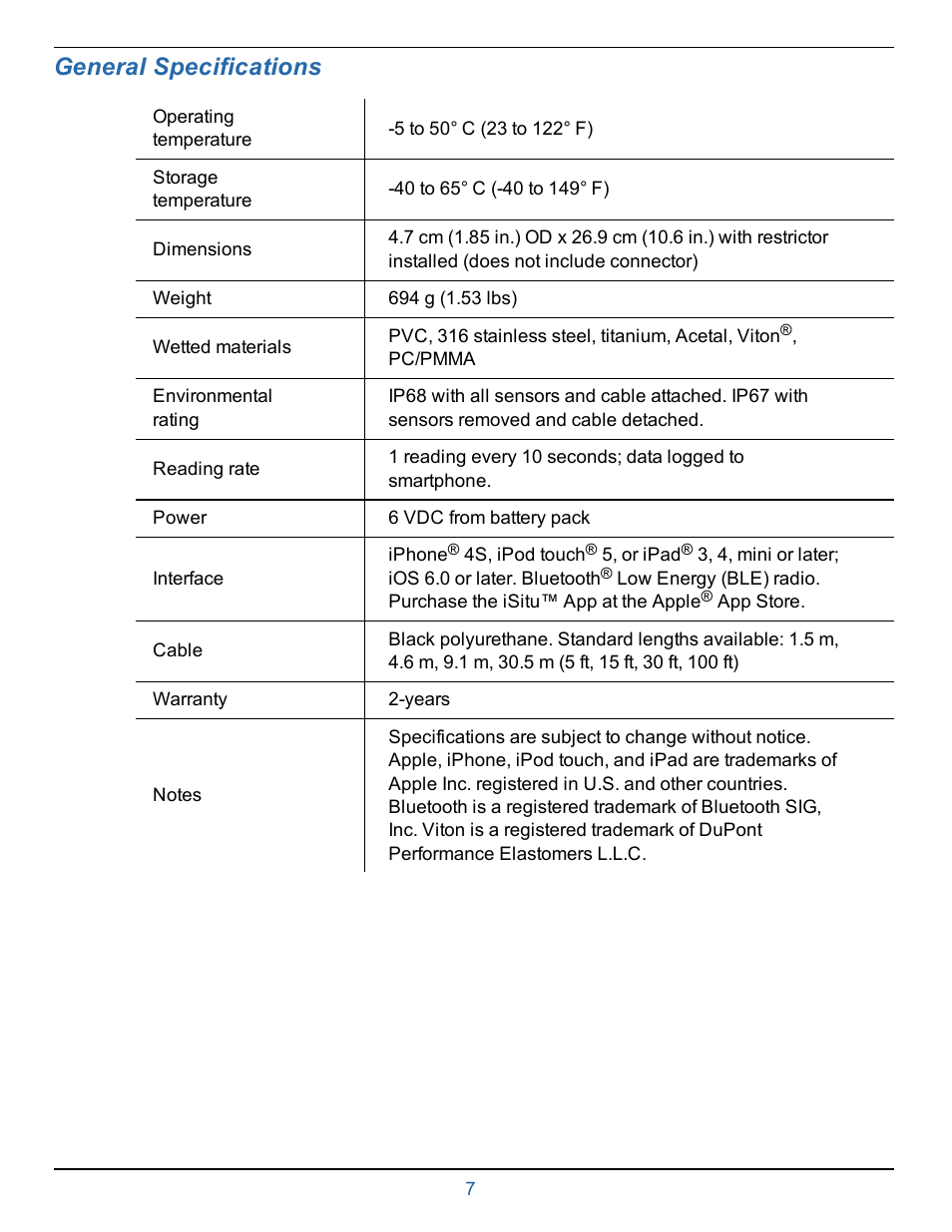3 general specifications, General specifications | In-Situ smarTROLL Multiparameter Handheld Operators Manual User Manual | Page 7 / 71