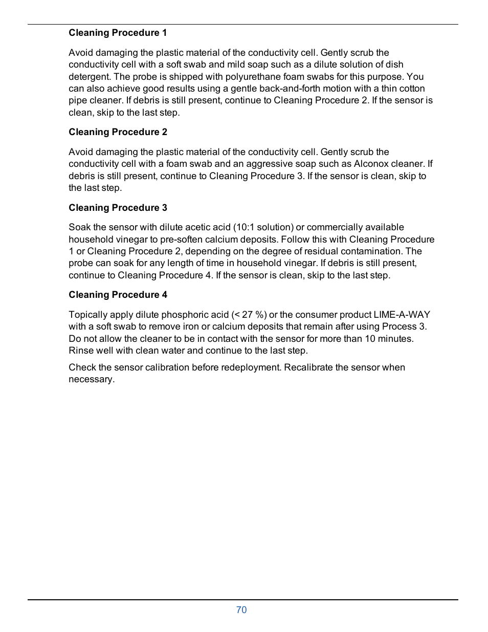 Cleaning procedure 1, Cleaning procedure 2, Cleaning procedure 3 | Cleaning procedure 4 | In-Situ smarTROLL Multiparameter Handheld Operators Manual User Manual | Page 70 / 71