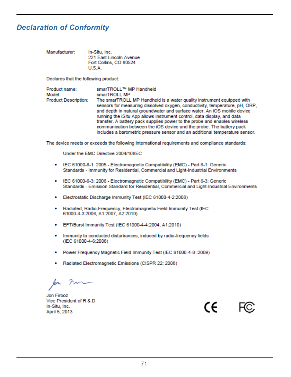 15 declaration of conformity | In-Situ smarTROLL Multiparameter Handheld Operators Manual User Manual | Page 71 / 71