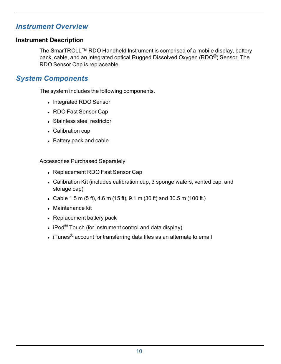 6 instrument overview, Instrument description, 7 system components | Chapter 3—overview, Instrument overview, System components | In-Situ smarTROLL RDO Handheld Operators Manual User Manual | Page 10 / 38