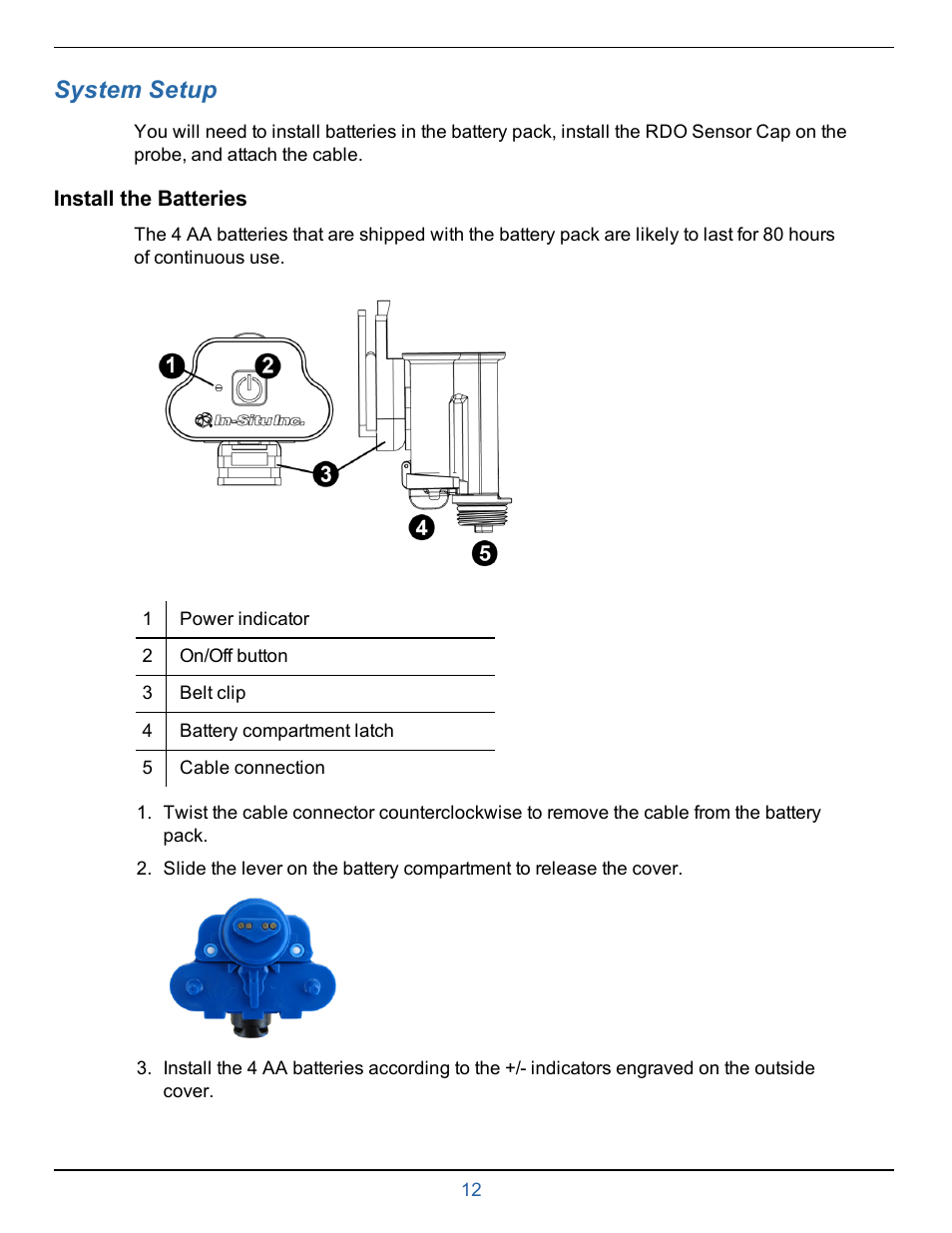 8 system setup, Install the batteries, System setup | In-Situ smarTROLL RDO Handheld Operators Manual User Manual | Page 12 / 38