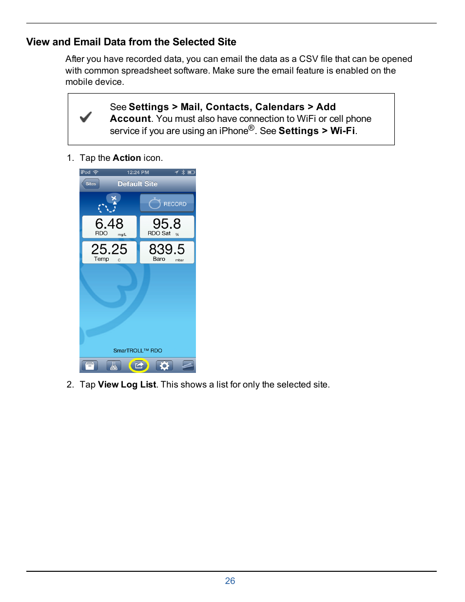 View and email data from the selected site, Email data in spreadsheet format | In-Situ smarTROLL RDO Handheld Operators Manual User Manual | Page 26 / 38