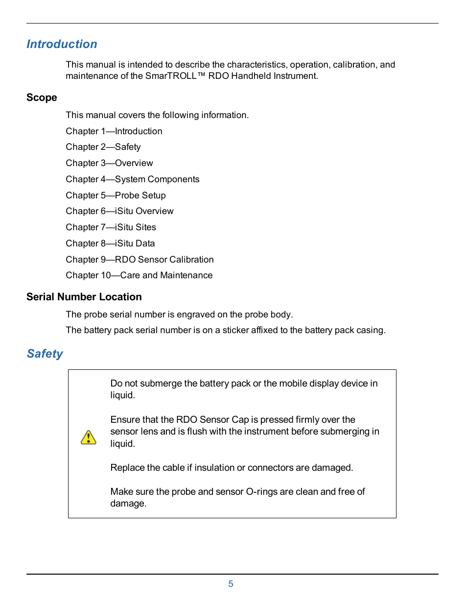 1 introduction, Scope, Serial number location | 2 safety, Introduction, Safety | In-Situ smarTROLL RDO Handheld Operators Manual User Manual | Page 5 / 38