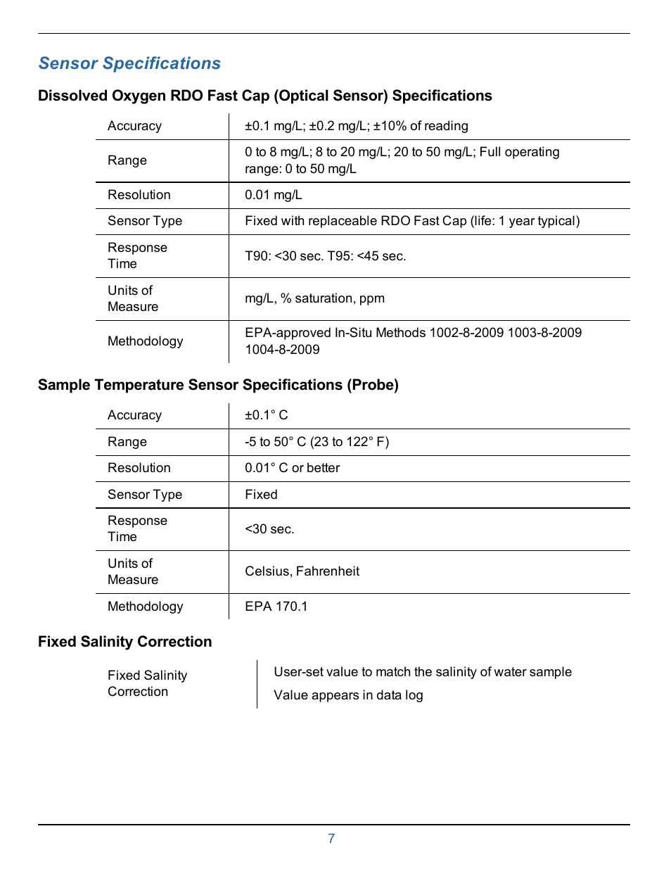 4 sensor specifications, Sample temperature sensor specifications (probe), Fixed salinity correction | Sensor specifications | In-Situ smarTROLL RDO Handheld Operators Manual User Manual | Page 7 / 38
