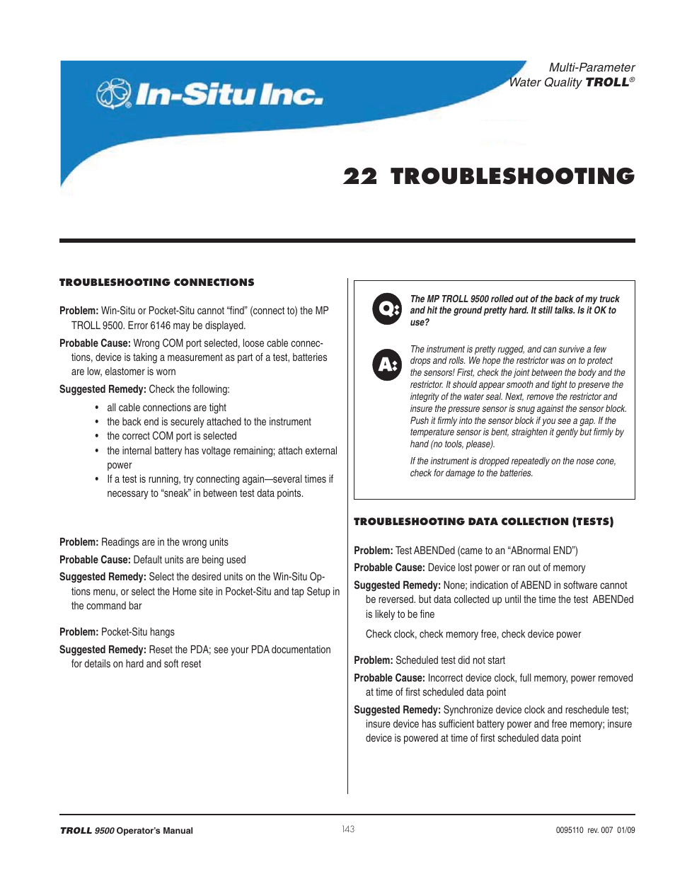 22 troubleshooting, Q: a | In-Situ TROLL 9500 Operators Manual User Manual | Page 148 / 164
