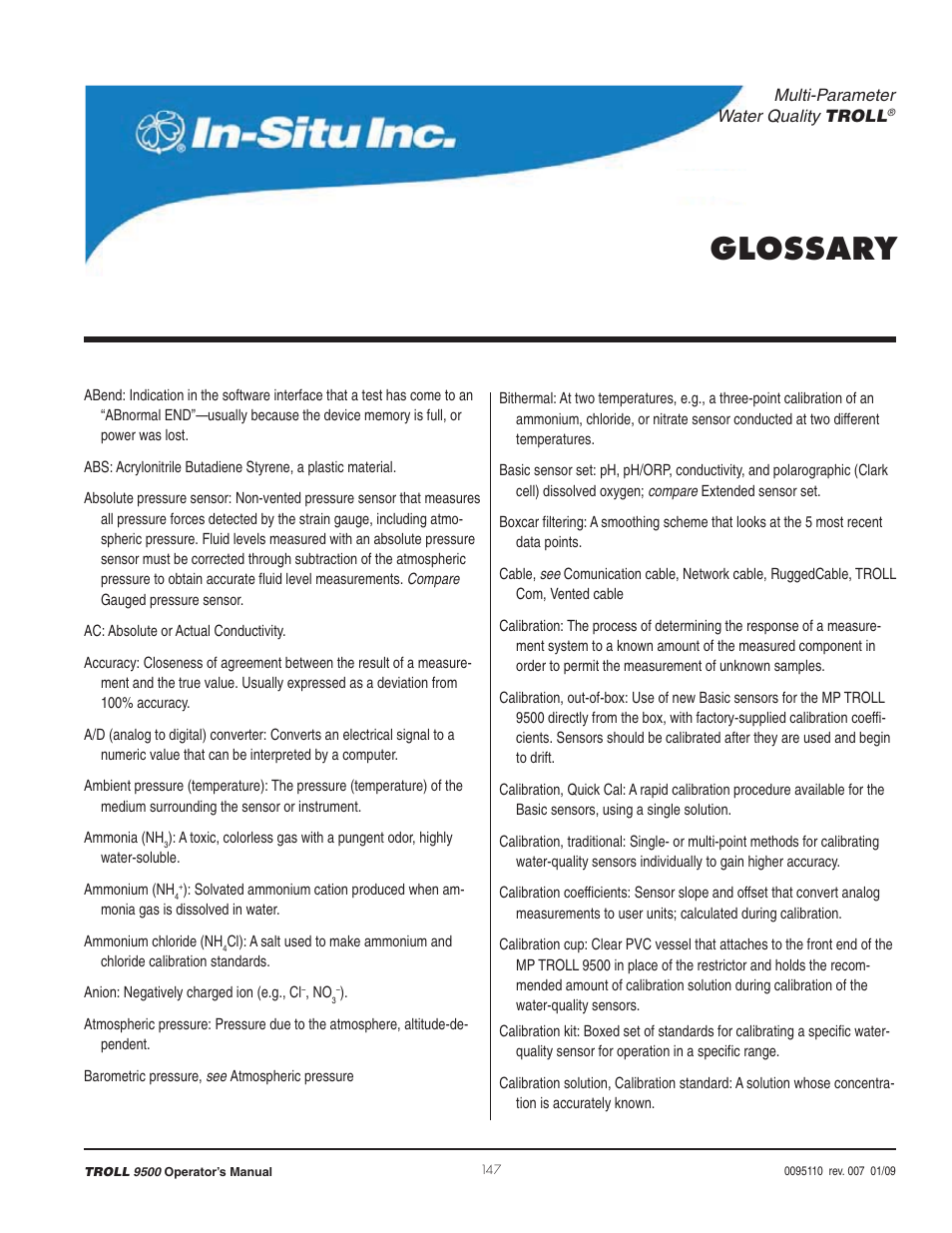 Glossary | In-Situ TROLL 9500 Operators Manual User Manual | Page 152 / 164