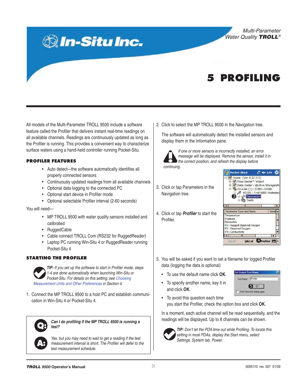 5 profiling, Q: a | In-Situ TROLL 9500 Operators Manual User Manual | Page 38 / 164