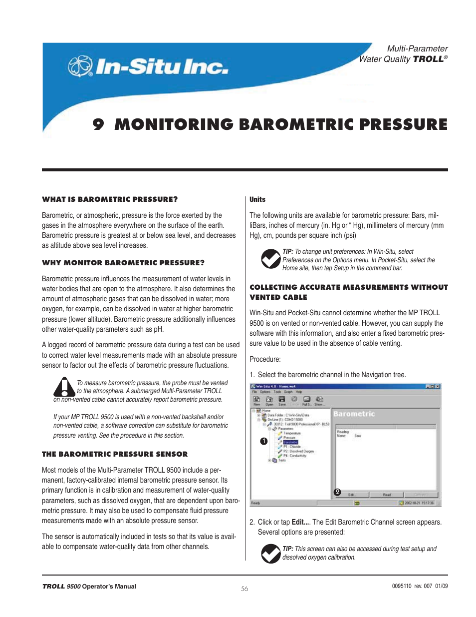 9 monitoring barometric pressure | In-Situ TROLL 9500 Operators Manual User Manual | Page 63 / 164