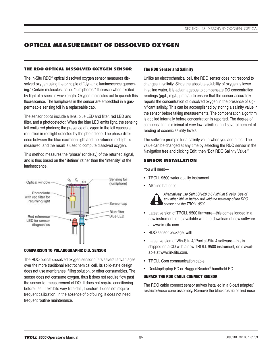 Optical measurement of dissolved oxygen | In-Situ TROLL 9500 Operators Manual User Manual | Page 96 / 164