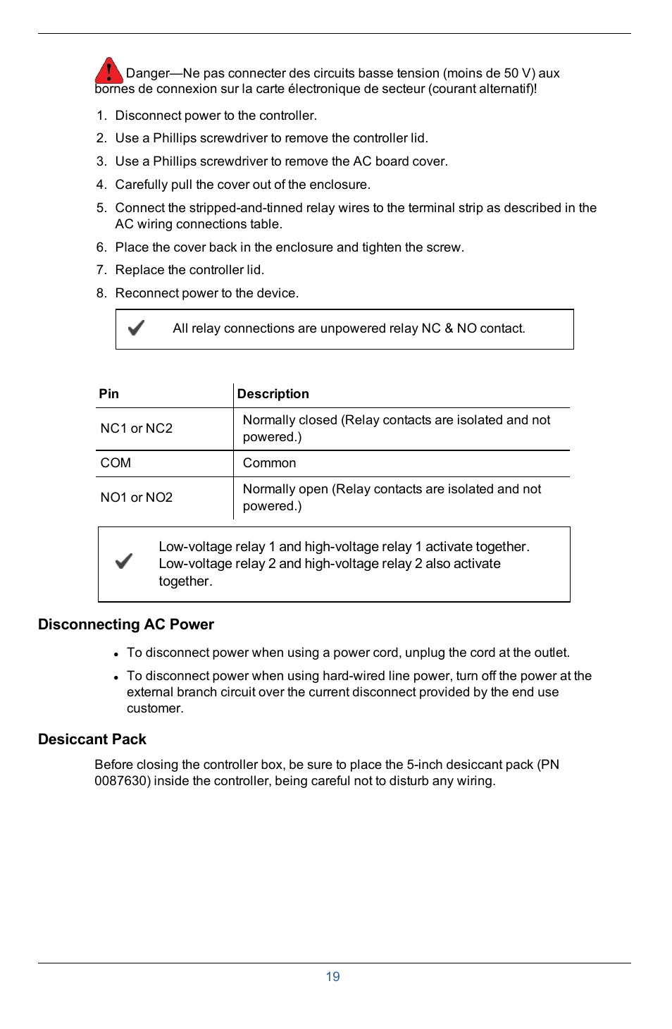 Disconnecting ac power, Desiccant pack | In-Situ Con TROLL PRO Installation Manual (purchased after 10 May 2012) User Manual | Page 19 / 29