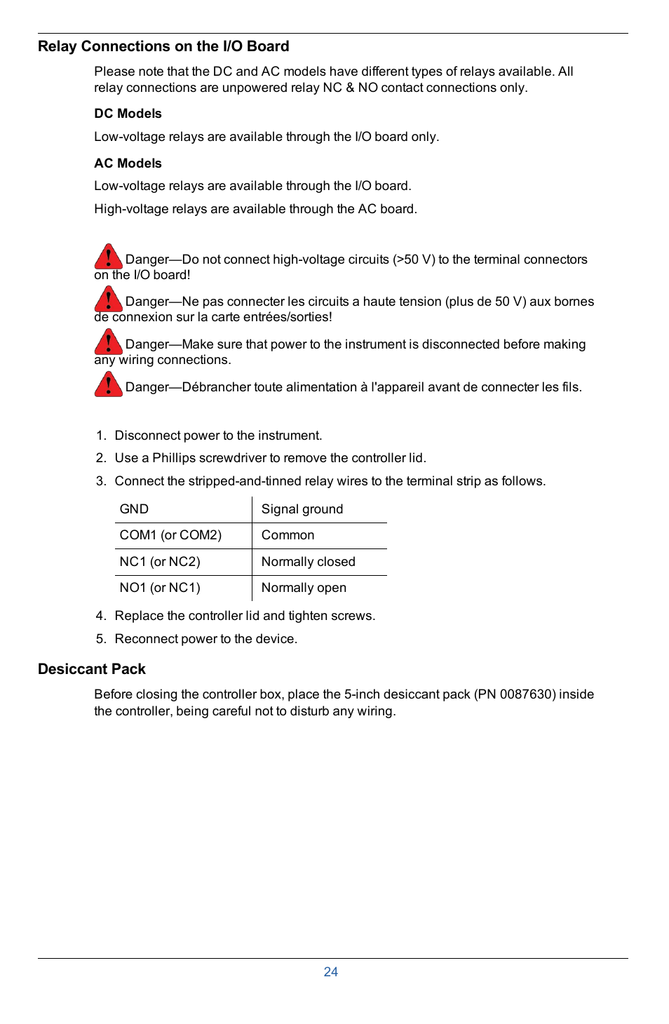 Relay connections on the i/o board, Desiccant pack | In-Situ Con TROLL PRO Installation Manual (purchased after 10 May 2012) User Manual | Page 24 / 29