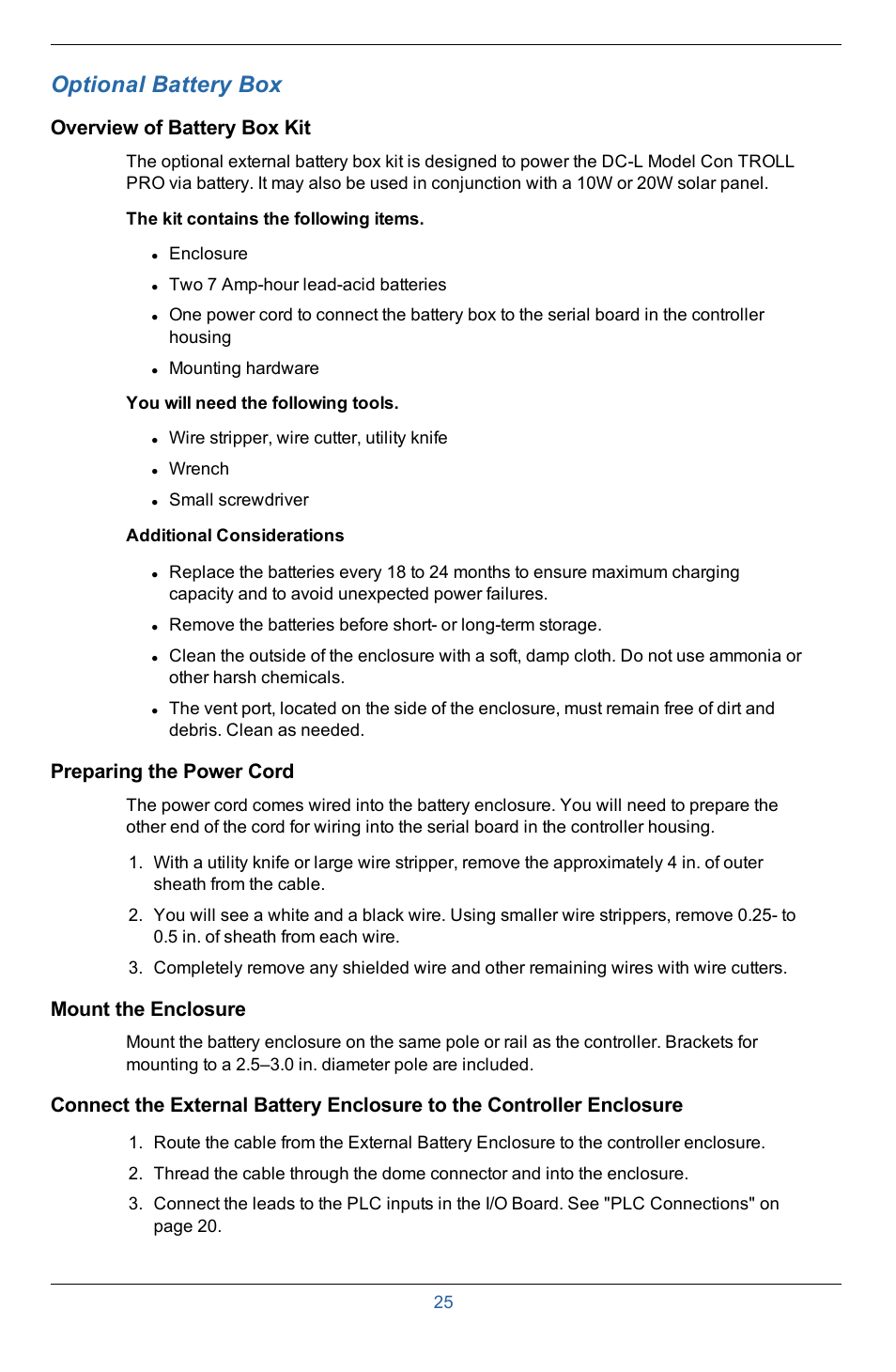 6 optional battery box, Overview of battery box kit, Additional considerations | Preparing the power cord, Mount the enclosure, Optional battery box | In-Situ Con TROLL PRO Installation Manual (purchased after 10 May 2012) User Manual | Page 25 / 29