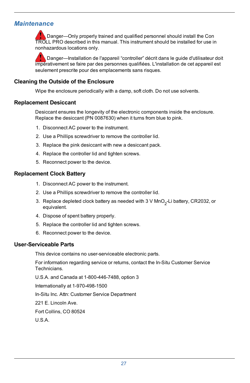 7 maintenance, Cleaning the outside of the enclosure, Replacement desiccant | Replacement clock battery, User-serviceable parts, Maintenance | In-Situ Con TROLL PRO Installation Manual (purchased after 10 May 2012) User Manual | Page 27 / 29