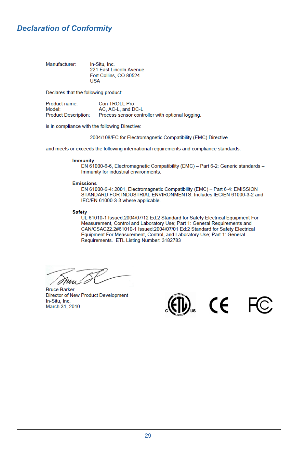 9 declaration of conformity | In-Situ Con TROLL PRO Installation Manual (purchased after 10 May 2012) User Manual | Page 29 / 29