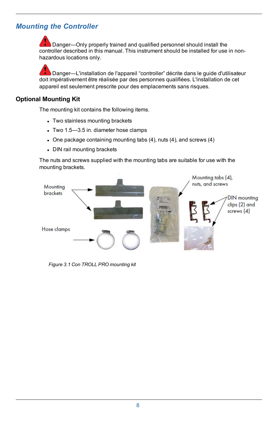 3 mounting the controller, Optional mounting kit, Mounting the controller | In-Situ Con TROLL PRO Installation Manual (purchased after 10 May 2012) User Manual | Page 8 / 29