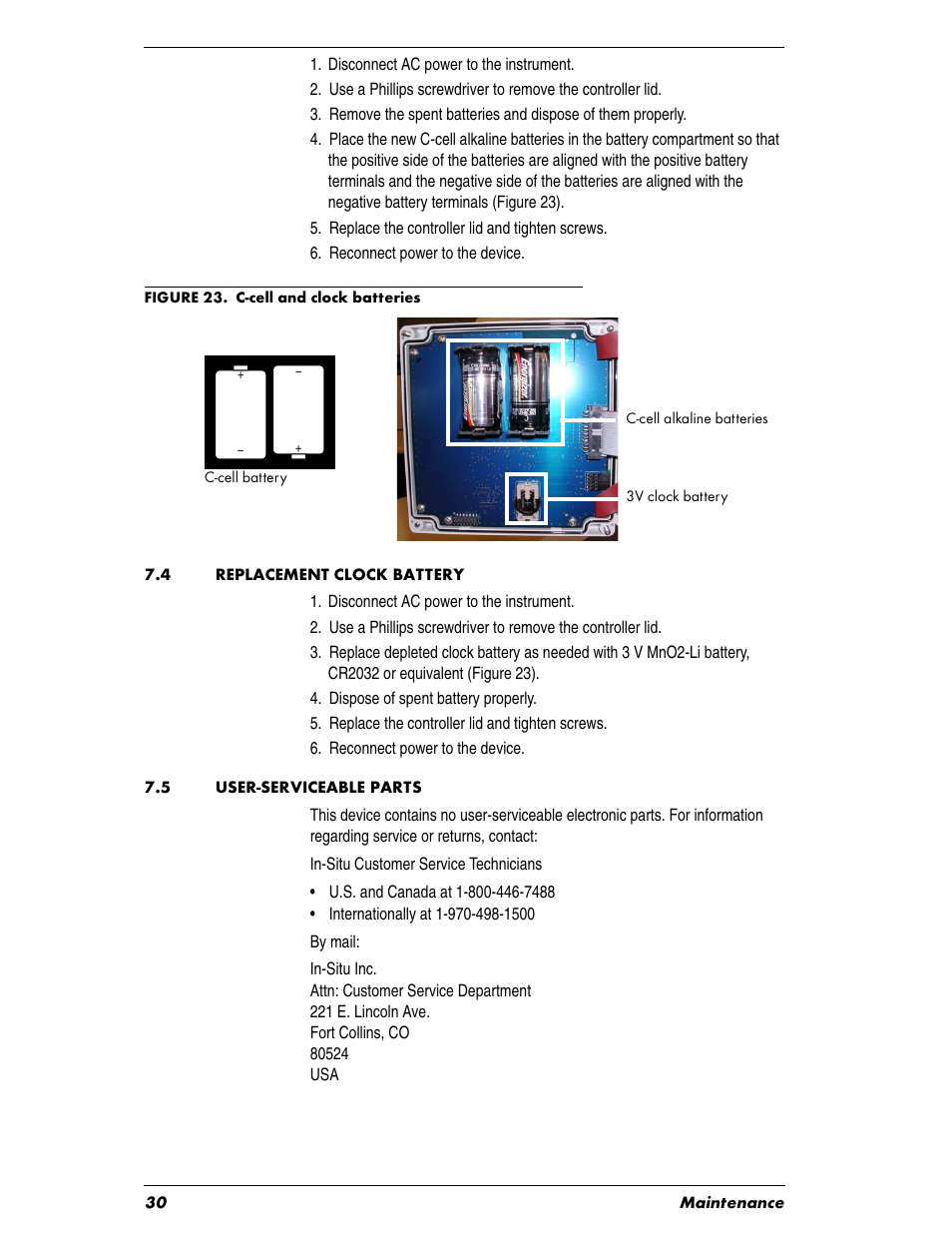 Heading1 - 7.4 replacement clock battery, Heading1 - 7.5 user-serviceable parts, 4 replacement clock battery | 5 user-serviceable parts | In-Situ Con TROLL PRO Installation Manual (purchased before 10 May 2012) User Manual | Page 30 / 32