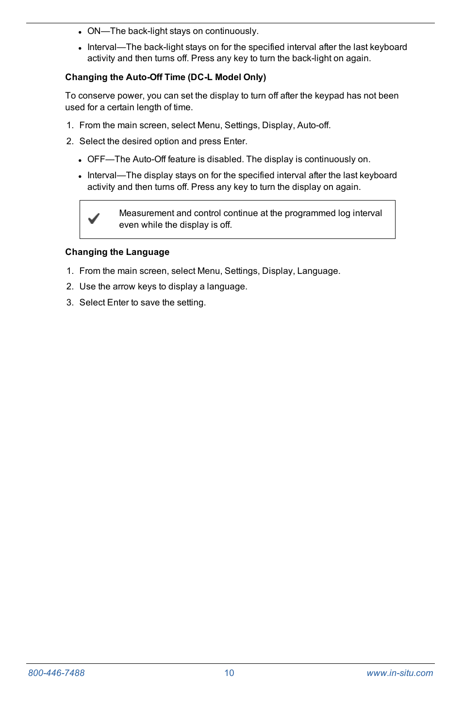 Changing the auto-off time (dc-l model only), Changing the language | In-Situ Con TROLL PRO Operators Manual (purchased after 10 May 2012) User Manual | Page 10 / 55