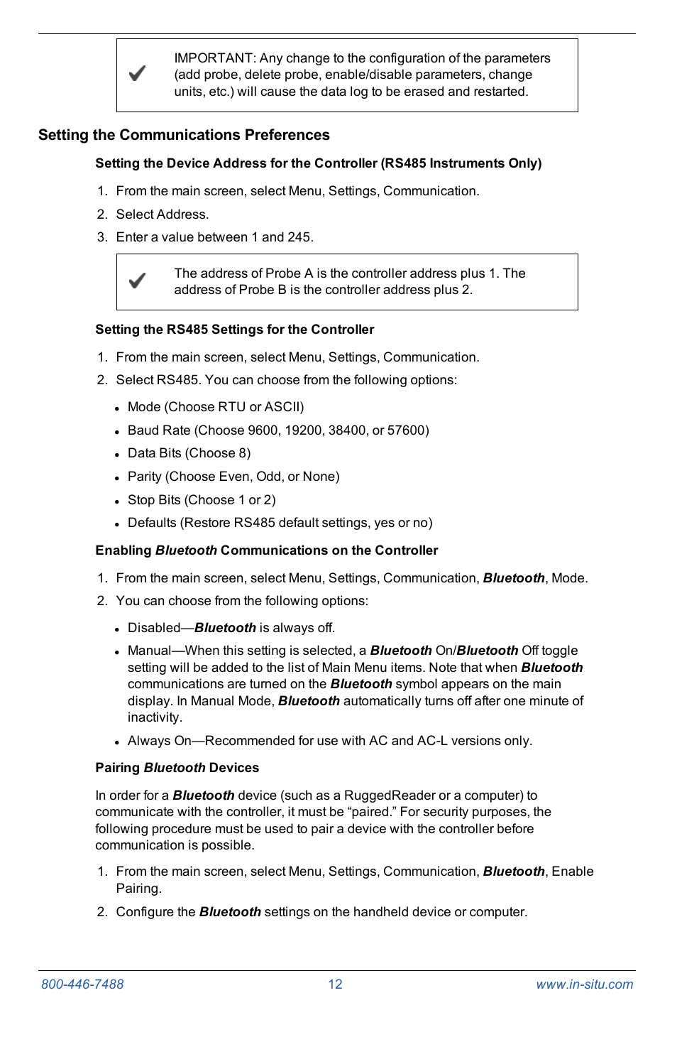 Setting the communications preferences, Setting the rs485 settings for the controller, Pairing bluetooth devices | In-Situ Con TROLL PRO Operators Manual (purchased after 10 May 2012) User Manual | Page 12 / 55