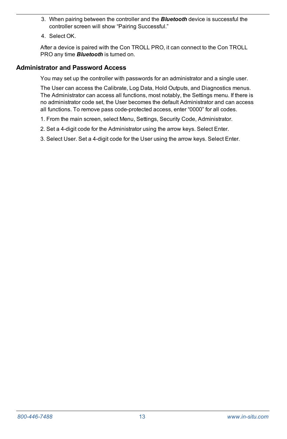 Administrator and password access | In-Situ Con TROLL PRO Operators Manual (purchased after 10 May 2012) User Manual | Page 13 / 55