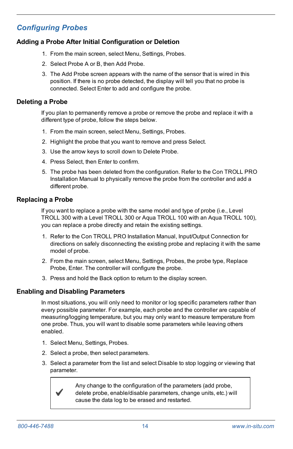 2 configuring probes, Deleting a probe, Replacing a probe | Enabling and disabling parameters, Configuring probes | In-Situ Con TROLL PRO Operators Manual (purchased after 10 May 2012) User Manual | Page 14 / 55