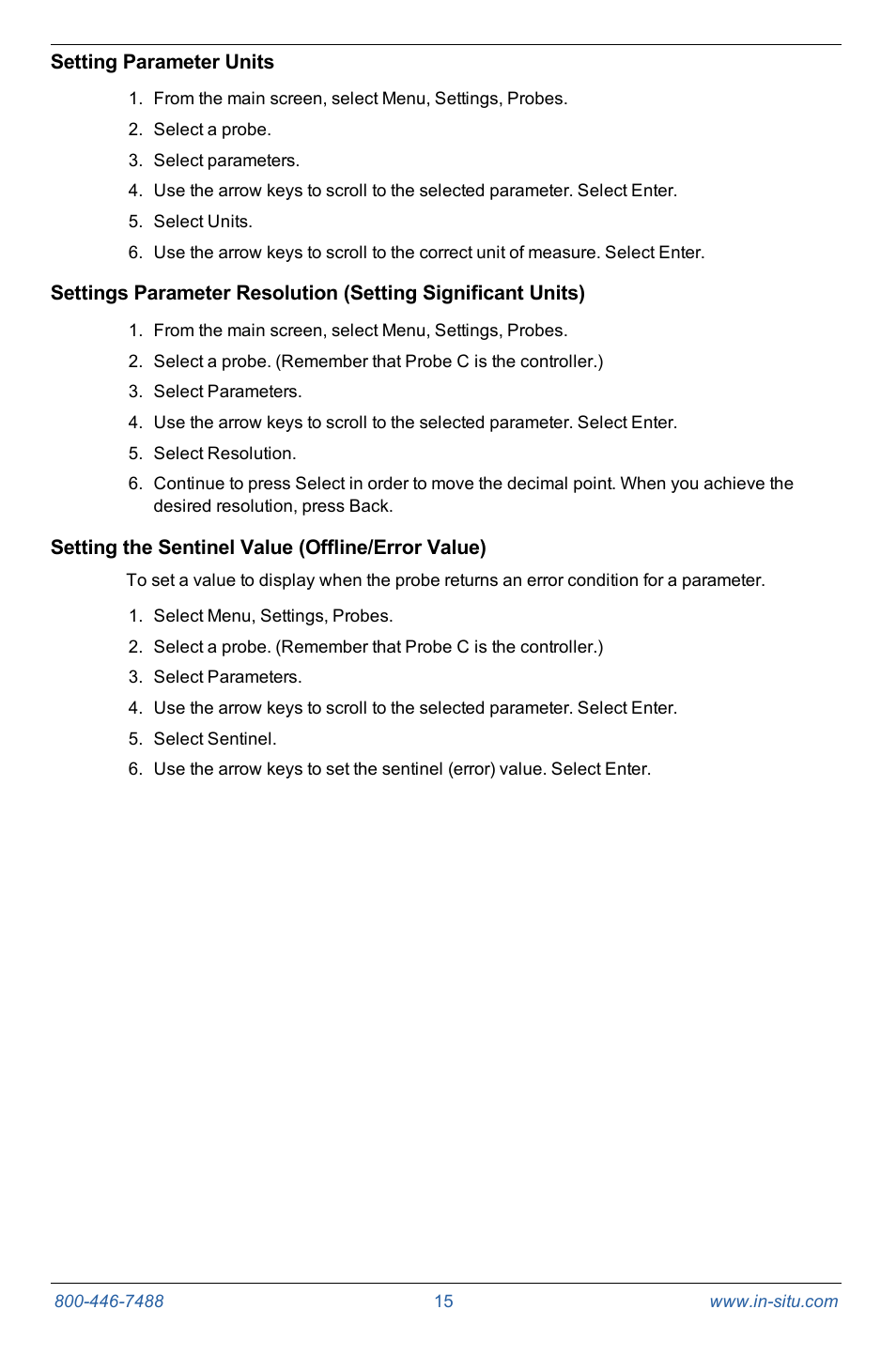 Setting parameter units, Setting the sentinel value (offline/error value) | In-Situ Con TROLL PRO Operators Manual (purchased after 10 May 2012) User Manual | Page 15 / 55