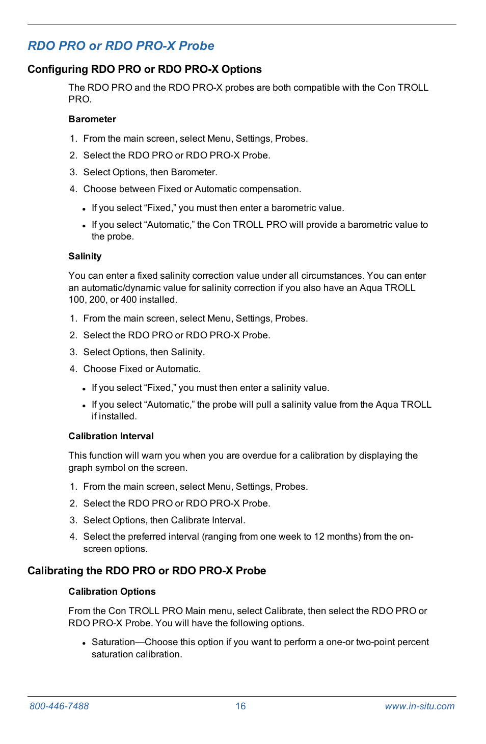 3 rdo pro or rdo pro-x probe, Configuring rdo pro or rdo pro-x options, Barometer | Salinity, Calibration interval, Calibrating the rdo pro or rdo pro-x probe, Calibration options, Rdo pro or rdo pro-x probe | In-Situ Con TROLL PRO Operators Manual (purchased after 10 May 2012) User Manual | Page 16 / 55
