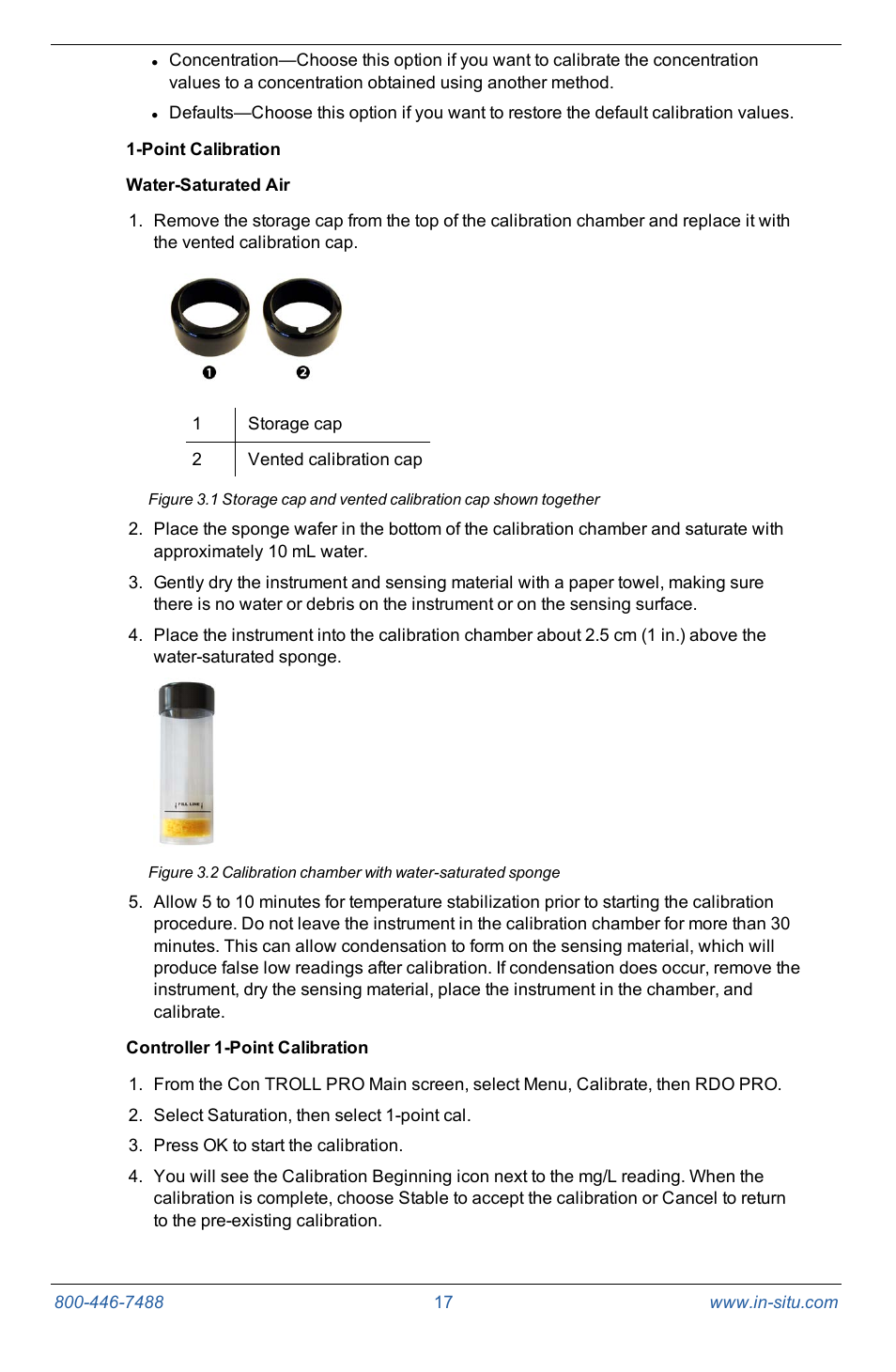 Point calibration, Water-saturated air, Controller 1-point calibration | In-Situ Con TROLL PRO Operators Manual (purchased after 10 May 2012) User Manual | Page 17 / 55