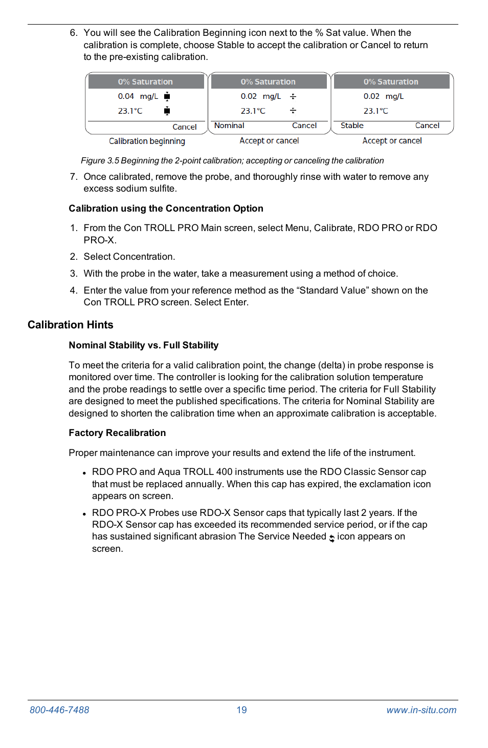 Calibration using the concentration option, Calibration hints, Nominal stability vs. full stability | Factory recalibration | In-Situ Con TROLL PRO Operators Manual (purchased after 10 May 2012) User Manual | Page 19 / 55