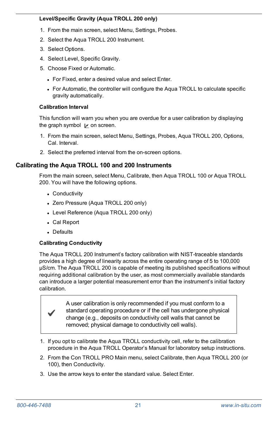 Level/specific gravity (aqua troll 200 only), Calibration interval, Calibrating the aqua troll 100 and 200 instruments | Calibrating conductivity | In-Situ Con TROLL PRO Operators Manual (purchased after 10 May 2012) User Manual | Page 21 / 55
