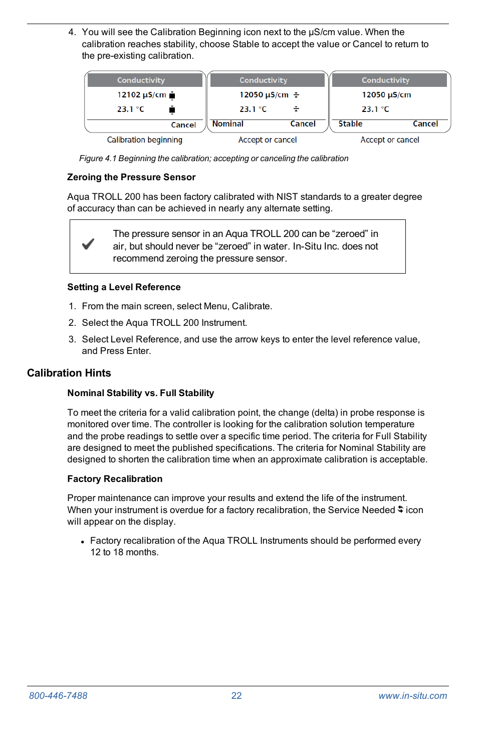 Zeroing the pressure sensor, Setting a level reference, Calibration hints | Nominal stability vs. full stability, Factory recalibration | In-Situ Con TROLL PRO Operators Manual (purchased after 10 May 2012) User Manual | Page 22 / 55