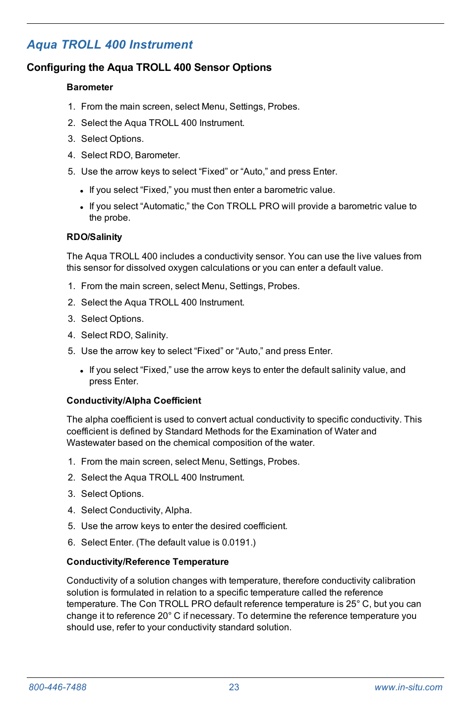 5 aqua troll 400 instrument, Configuring the aqua troll 400 sensor options, Barometer | Rdo/salinity, Conductivity/alpha coefficient, Conductivity/reference temperature, Aqua troll 400 instrument | In-Situ Con TROLL PRO Operators Manual (purchased after 10 May 2012) User Manual | Page 23 / 55
