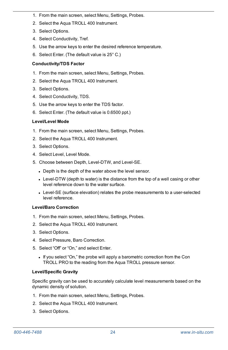 Conductivity/tds factor, Level/level mode, Level/baro correction | Level/specific gravity | In-Situ Con TROLL PRO Operators Manual (purchased after 10 May 2012) User Manual | Page 24 / 55