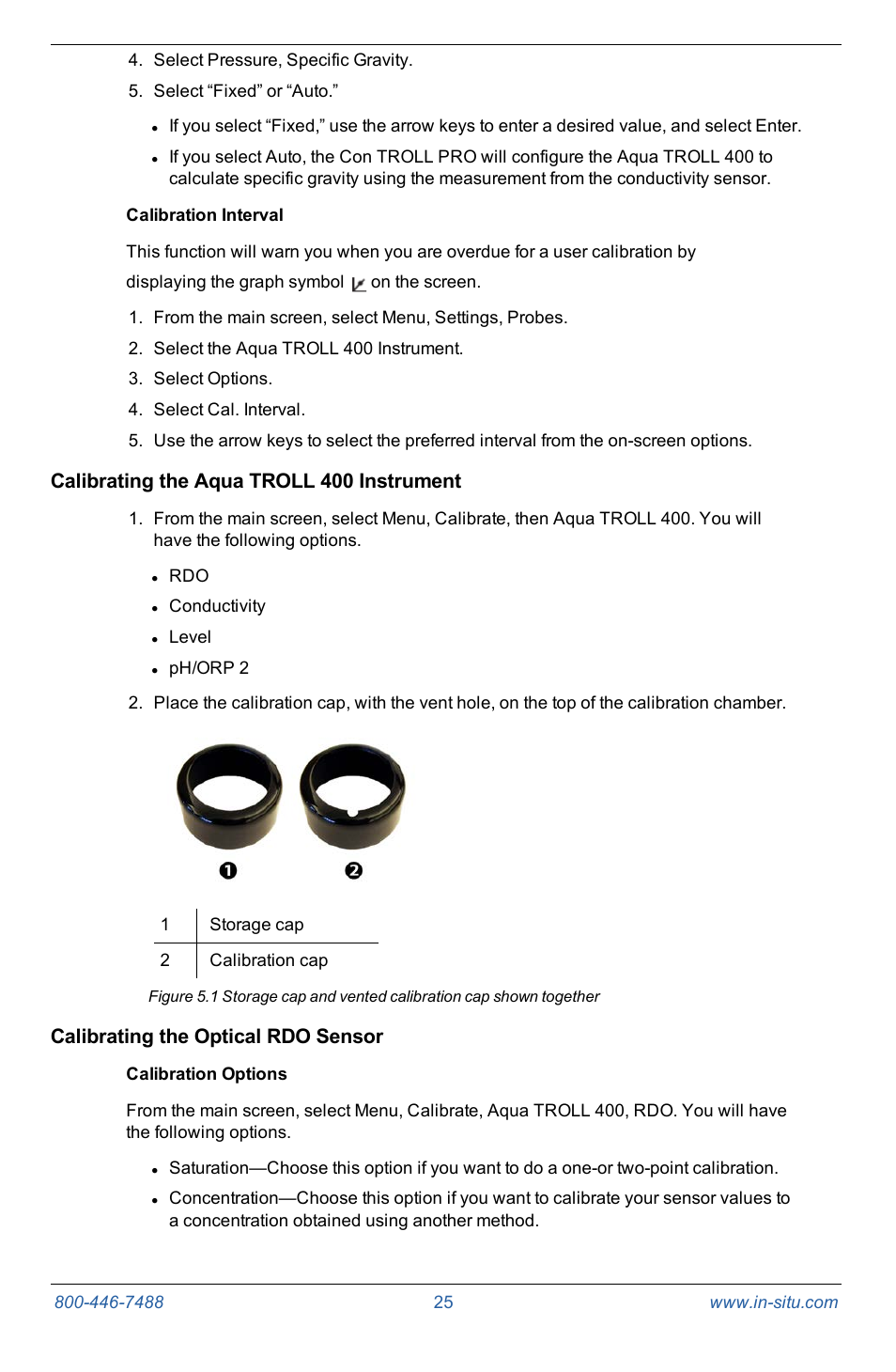 Calibration interval, Calibrating the aqua troll 400 instrument, Calibrating the optical rdo sensor | Calibration options | In-Situ Con TROLL PRO Operators Manual (purchased after 10 May 2012) User Manual | Page 25 / 55