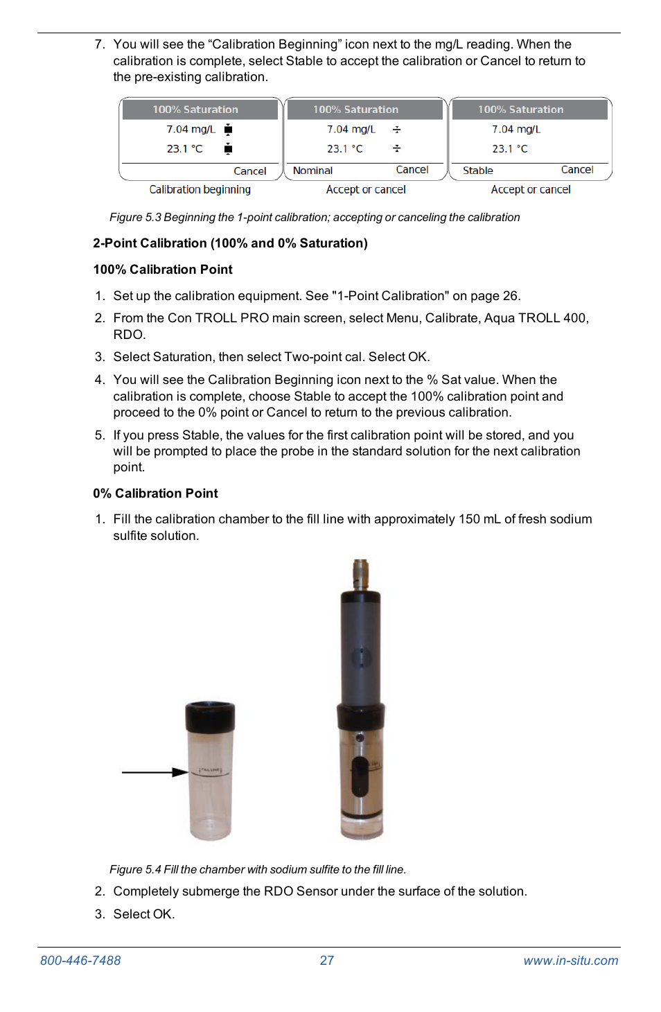 Point calibration (100% and 0% saturation) | In-Situ Con TROLL PRO Operators Manual (purchased after 10 May 2012) User Manual | Page 27 / 55