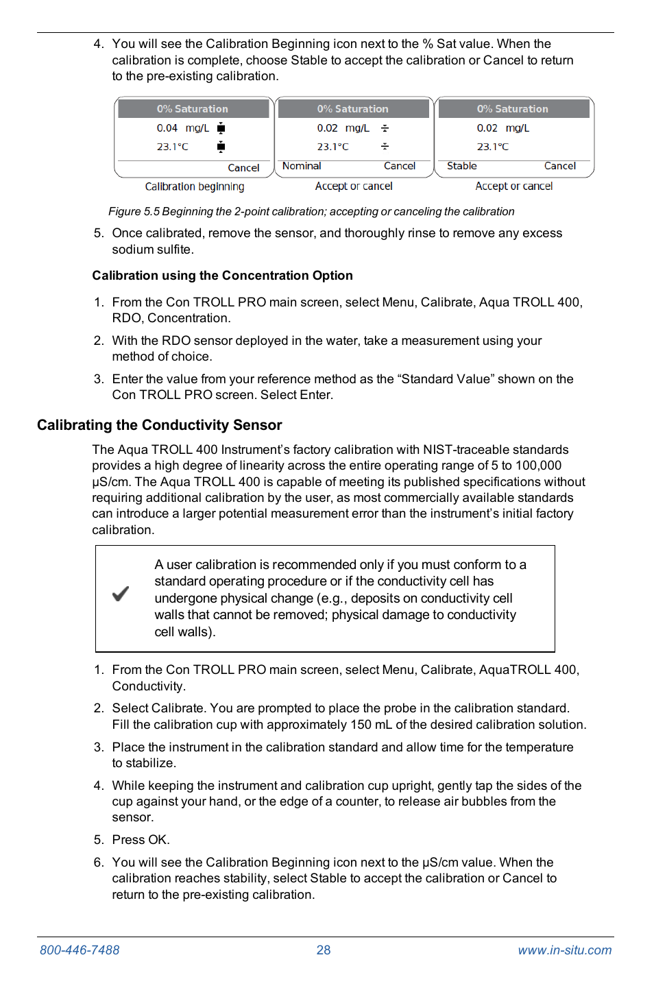 Calibration using the concentration option, Calibrating the conductivity sensor | In-Situ Con TROLL PRO Operators Manual (purchased after 10 May 2012) User Manual | Page 28 / 55