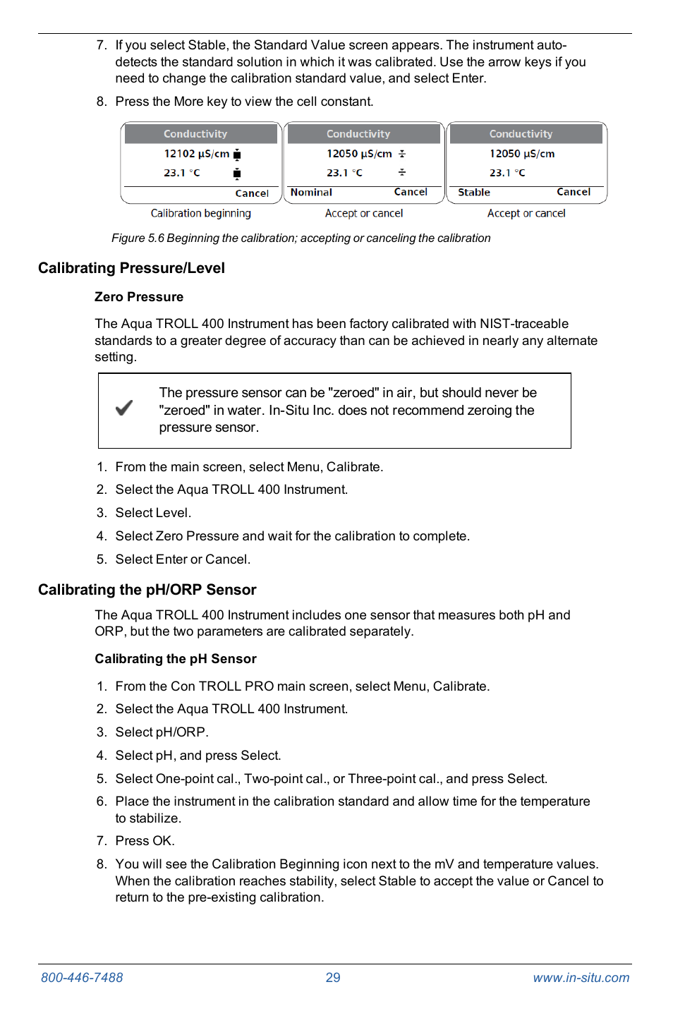 Calibrating pressure/level, Zero pressure, Calibrating the ph/orp sensor | Calibrating the ph sensor | In-Situ Con TROLL PRO Operators Manual (purchased after 10 May 2012) User Manual | Page 29 / 55