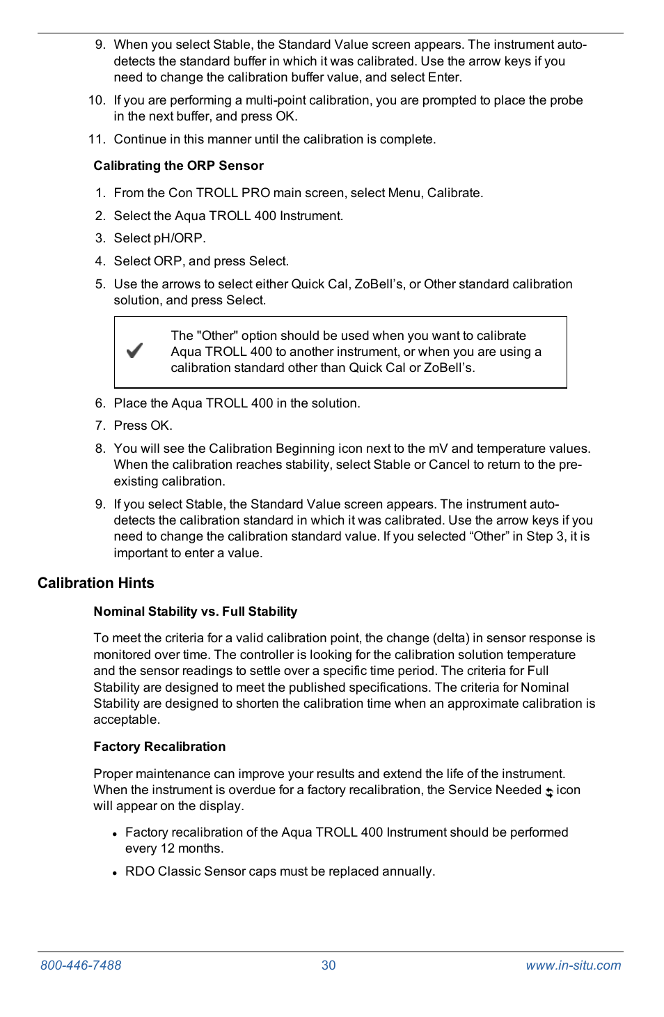 Calibrating the orp sensor, Calibration hints, Nominal stability vs. full stability | Factory recalibration | In-Situ Con TROLL PRO Operators Manual (purchased after 10 May 2012) User Manual | Page 30 / 55