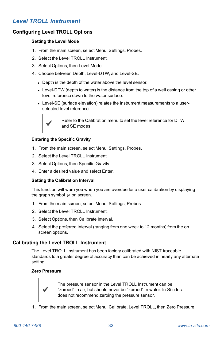 6 level troll instrument, Configuring level troll options, Setting the level mode | Entering the specific gravity, Setting the calibration interval, Calibrating the level troll instrument, Zero pressure, Level troll instrument | In-Situ Con TROLL PRO Operators Manual (purchased after 10 May 2012) User Manual | Page 32 / 55