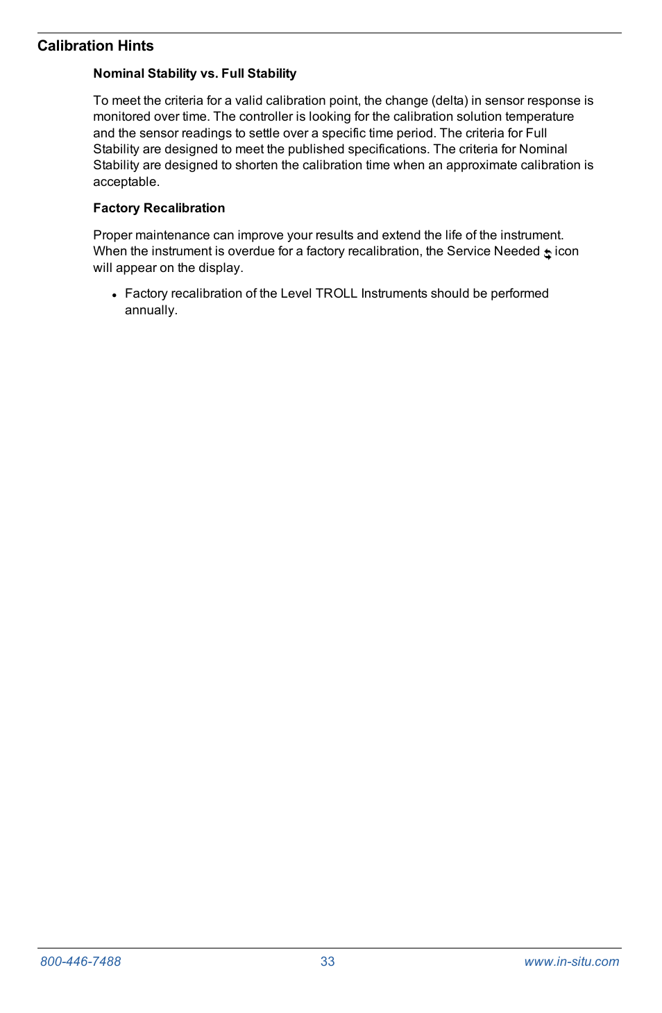 Calibration hints, Nominal stability vs. full stability, Factory recalibration | In-Situ Con TROLL PRO Operators Manual (purchased after 10 May 2012) User Manual | Page 33 / 55