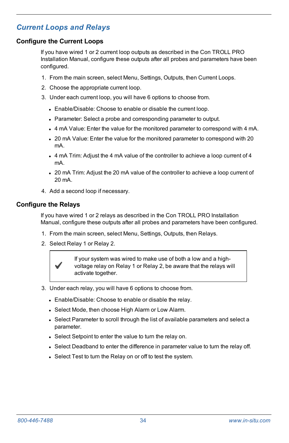 7 current loops and relays, Configure the current loops, Configure the relays | Current loops and relays | In-Situ Con TROLL PRO Operators Manual (purchased after 10 May 2012) User Manual | Page 34 / 55