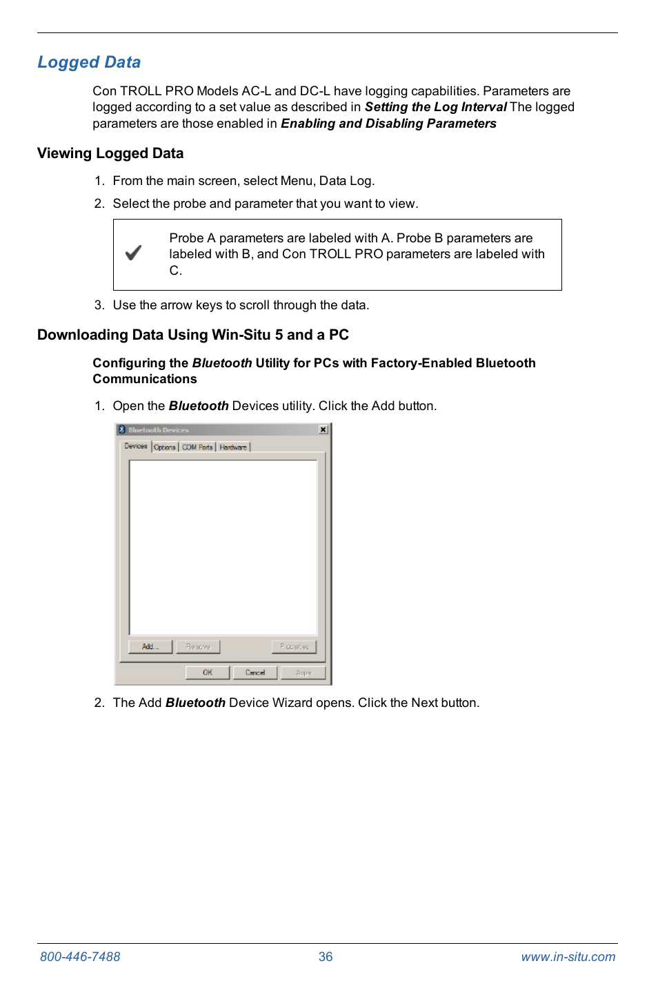 8 logged data, Viewing logged data, Downloading data using win-situ 5 and a pc | Logged data | In-Situ Con TROLL PRO Operators Manual (purchased after 10 May 2012) User Manual | Page 36 / 55