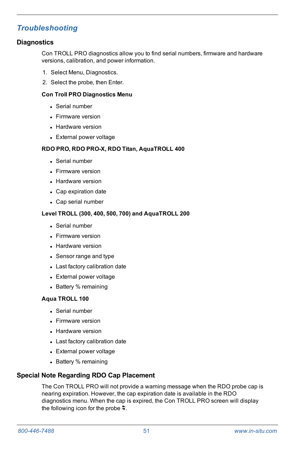 9 troubleshooting, Diagnostics, Con troll pro diagnostics menu | Rdo pro, rdo pro-x, rdo titan, aquatroll 400, Level troll (300, 400, 500, 700) and aquatroll 200, Aqua troll 100, Special note regarding rdo cap placement, Troubleshooting | In-Situ Con TROLL PRO Operators Manual (purchased after 10 May 2012) User Manual | Page 51 / 55