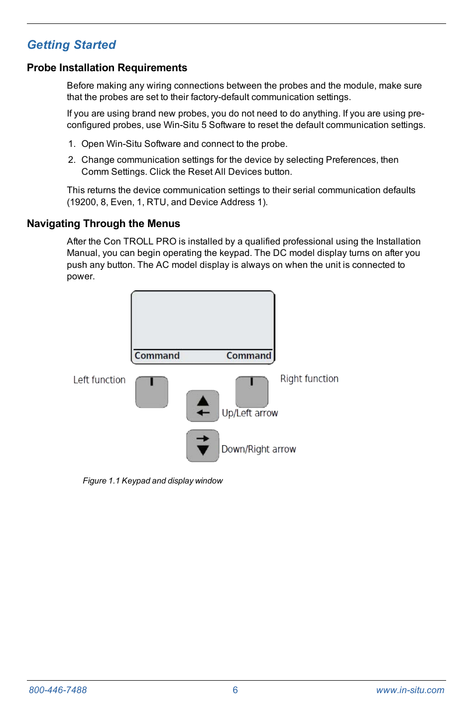 1 getting started, Probe installation requirements, Navigating through the menus | Getting started | In-Situ Con TROLL PRO Operators Manual (purchased after 10 May 2012) User Manual | Page 6 / 55