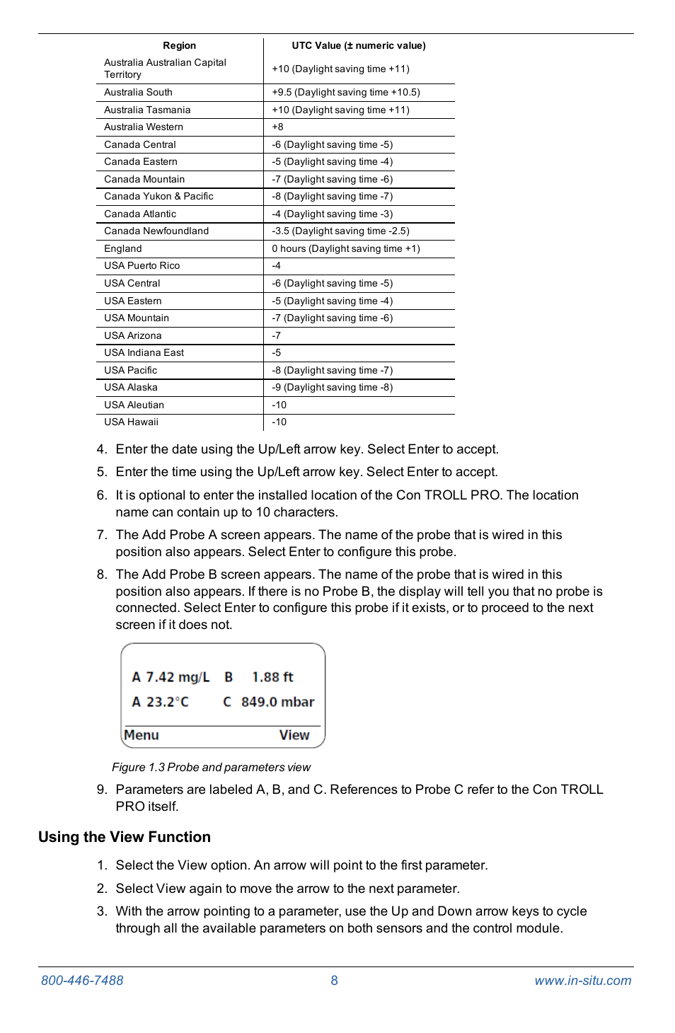 Using the view function | In-Situ Con TROLL PRO Operators Manual (purchased after 10 May 2012) User Manual | Page 8 / 55