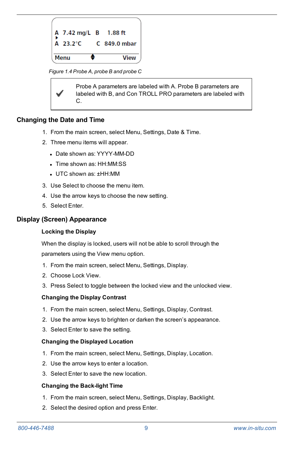 Changing the date and time, Display (screen) appearance, Locking the display | Changing the display contrast, Changing the displayed location, Changing the back-light time | In-Situ Con TROLL PRO Operators Manual (purchased after 10 May 2012) User Manual | Page 9 / 55