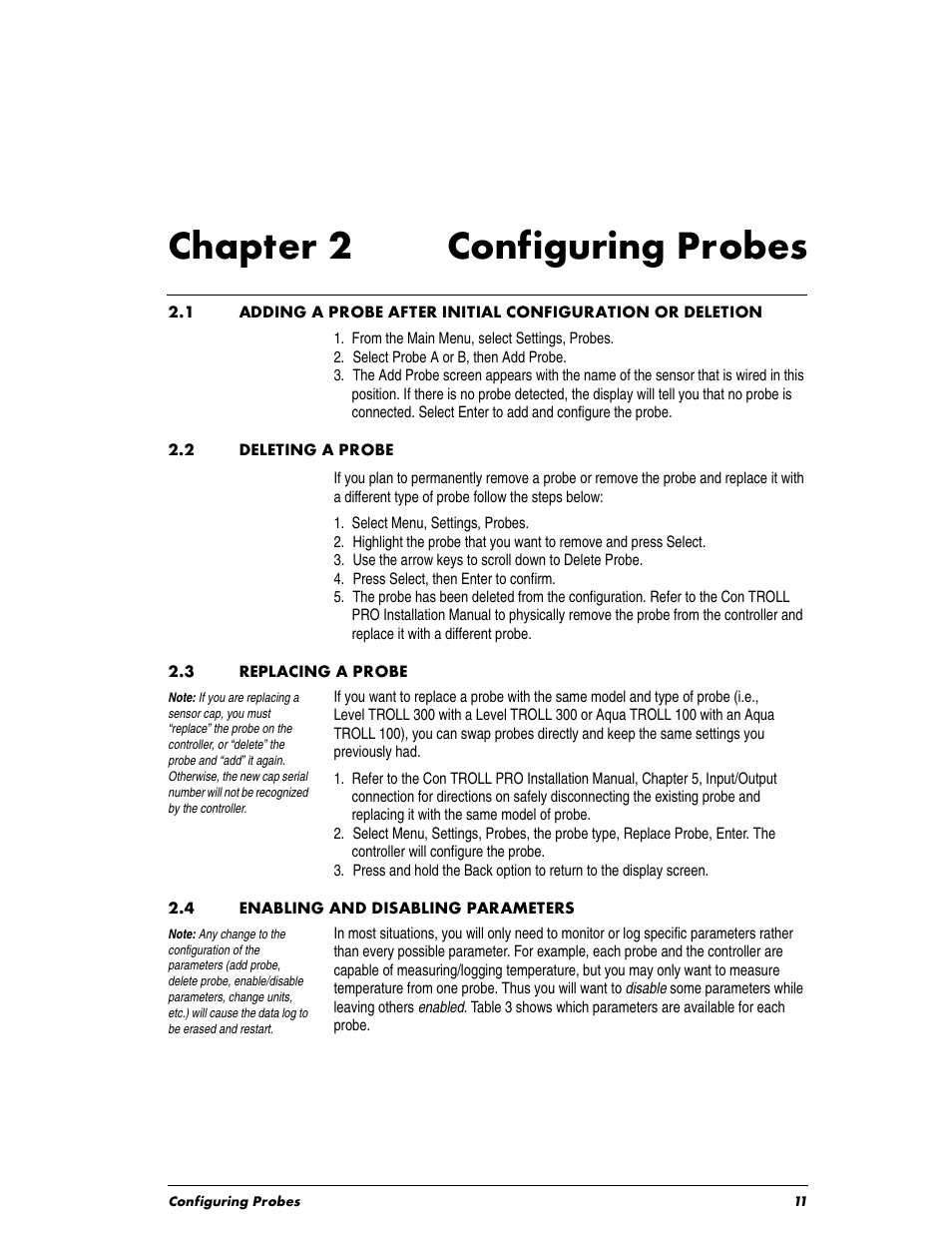 Chaptertitle - chapter 2 configuring probes, Heading1 - 2.2 deleting a probe, Heading1 - 2.3 replacing a probe | Heading1 - 2.4 enabling and disabling parameters, Chapter 2, Conf, 2 deleting a probe, 3 replacing a probe, 4 enabling and disabling parameters, Chapter 2 configuring probes | In-Situ Con TROLL PRO Operators Manual (purchased before 10 May 2012) User Manual | Page 11 / 40