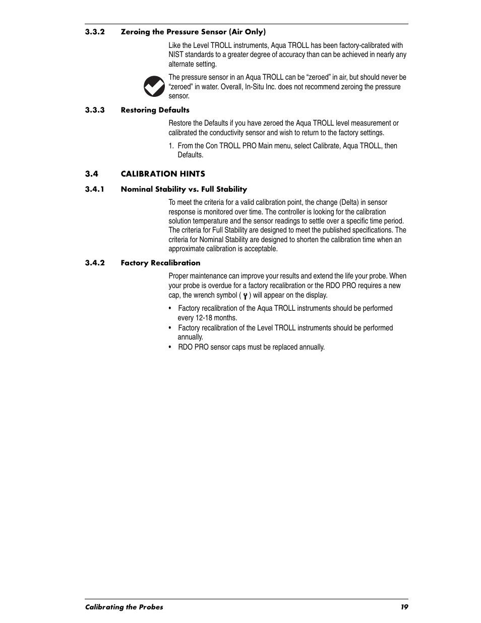 Heading2 - 3.3.3 restoring defaults, Heading1 - 3.4 calibration hints, Heading2 - 3.4.2 factory recalibration | 4 calibration hints | In-Situ Con TROLL PRO Operators Manual (purchased before 10 May 2012) User Manual | Page 19 / 40